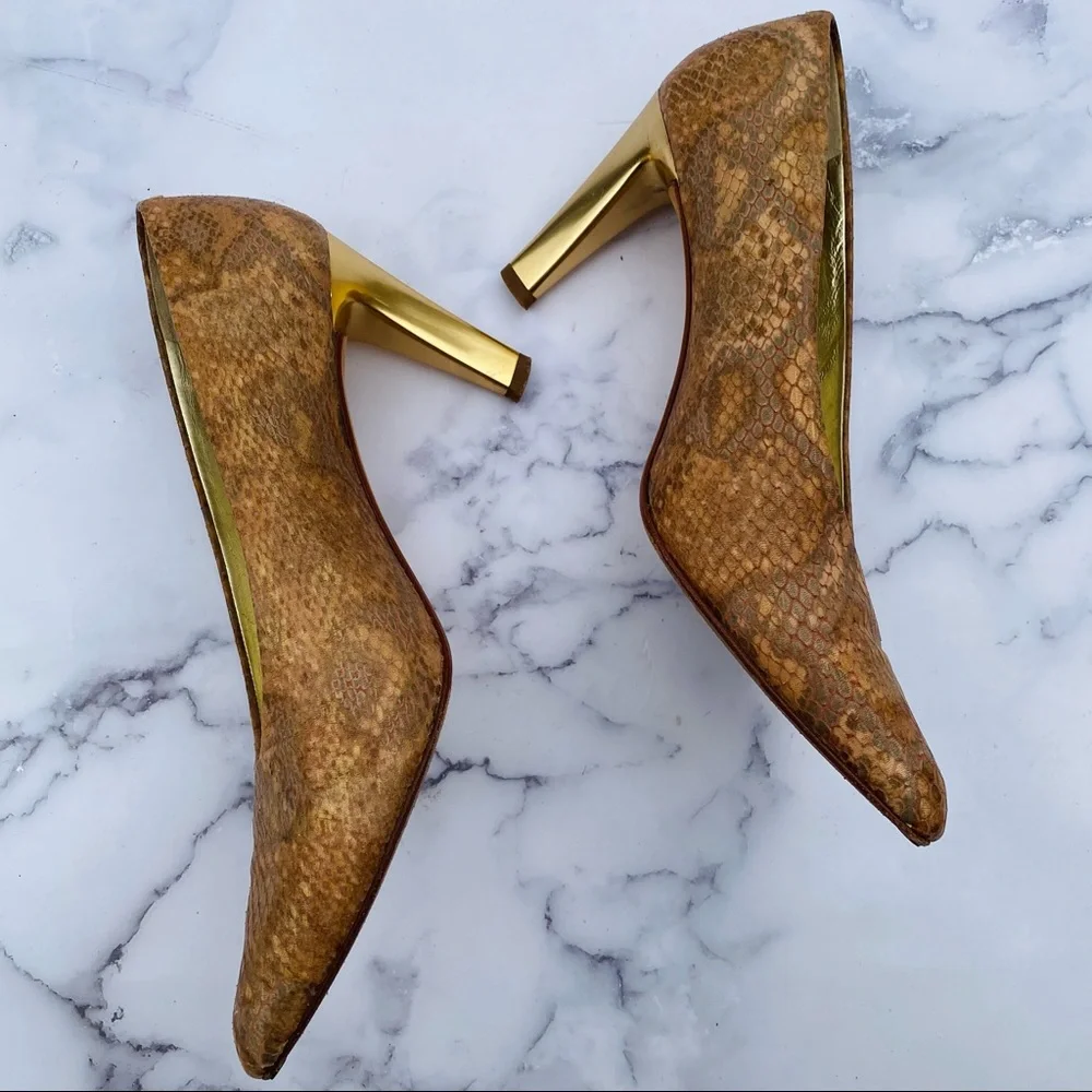 Via Spiga Leather Metallic Snake Skin Heels Pumps - Picture 5 of 8